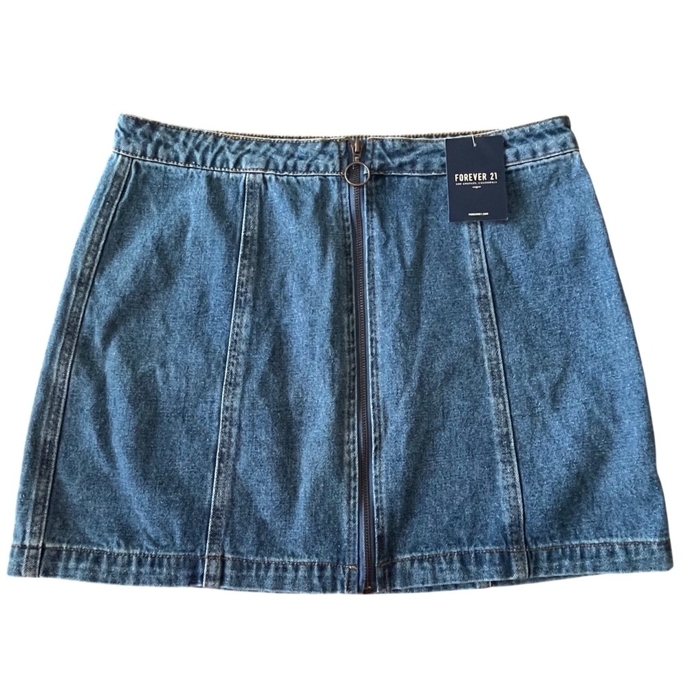 New Forever 21 Womens Mini Skirt L Blue Denim Zip Front A-Line Beach Cover Up